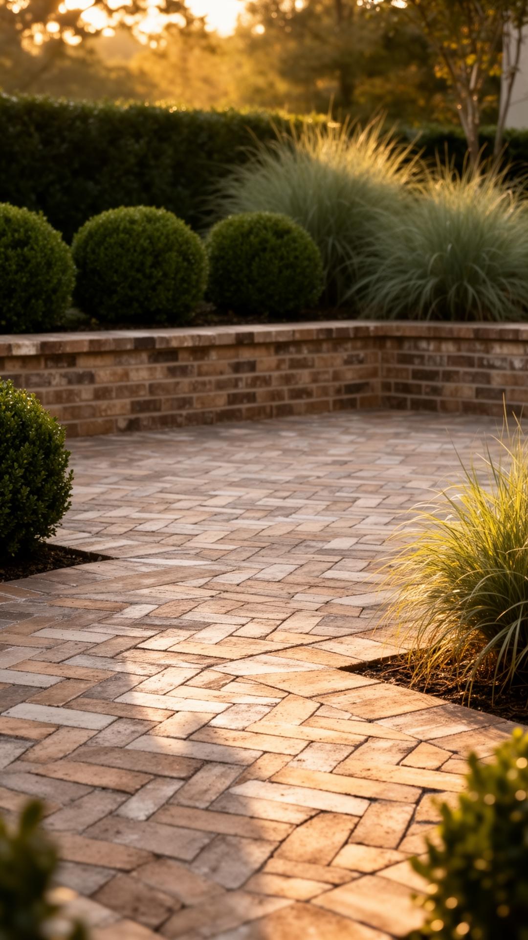 Handcrafted brick patio with herringbone pavers at golden hour